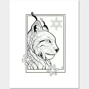 lynx cat with snowflakes Posters and Art